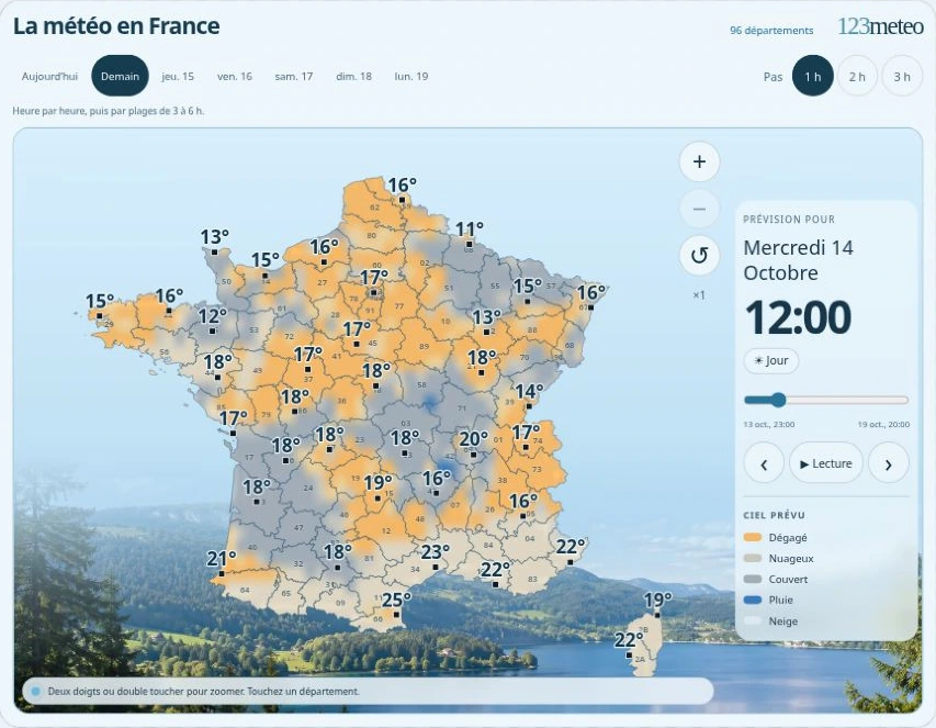 Widget carte météo de France avec températures par ville, couleurs du ciel et animation des prévisions
